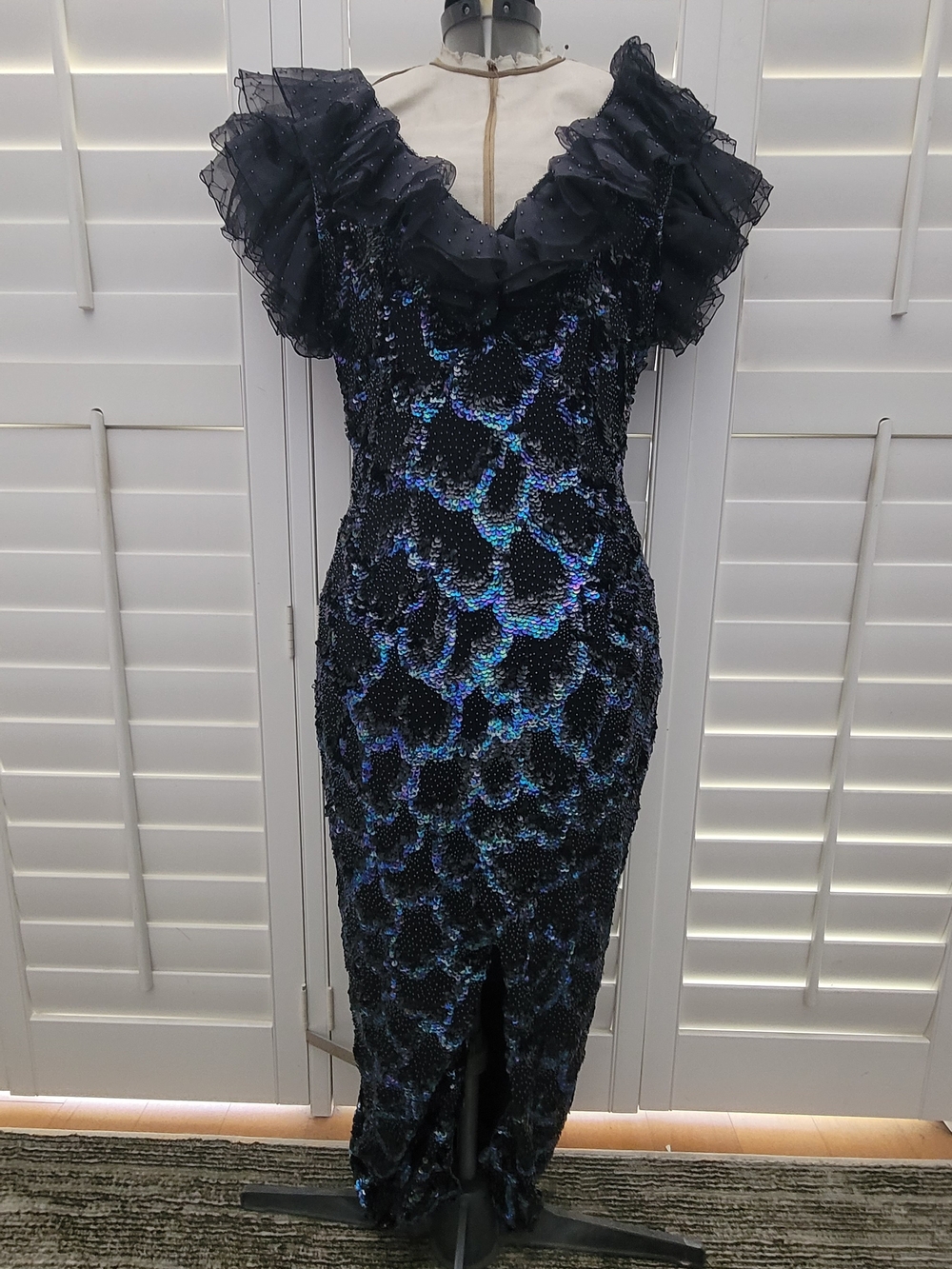 Vintage 80s Landa 100% Silk Beaded Sequin Ruffle Gown
